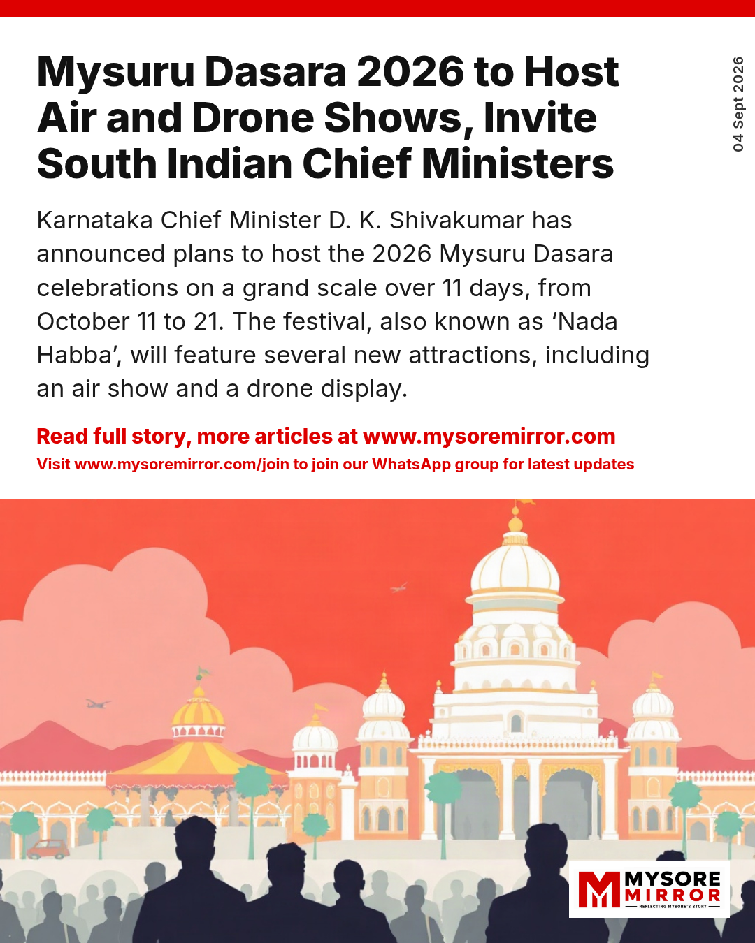 Mysuru Dasara 2026 to Host Air and Drone Shows, Invite South Indian Chief Ministers